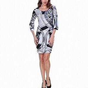NWT. White Mark Nikki Mini Sheath Bodycon  Dress. 3/4 Bell Sleeve Geometric